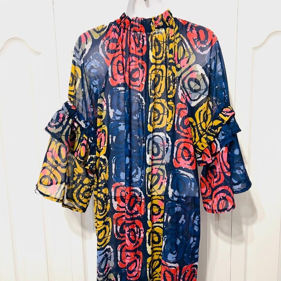 Bijelly Couture Long Maxi Dress-Large-Sheer-Ruffles-High Neck-Geometric-Colorful - Picture 11 of 15